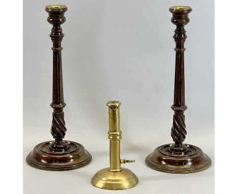 TALL MAHOGANY CANDLESTICKS, A PAIR – 19th century with turned fluted and twist columns, circular weighted bases and removable