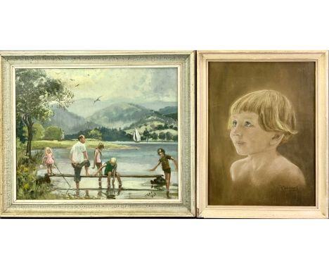 TAM (1972) oil on board – family playing by mountain lake with boats, signed and dated lower right, 37.5 x 46.5cms and a BENA