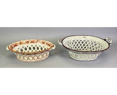 A DAVENPORT PEARL WARE CHESTNUT TRELLIS WORK BASKET - circa 1810 with diamond shaped openwork sides, scrolled handle, painted