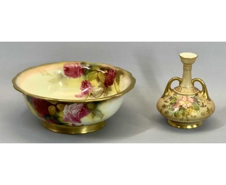 ROYAL WORCESTER CHINA BOWL - painted by Kitty Blake inside and out with roses, buds and leaves, signed K W Blake, with shaped