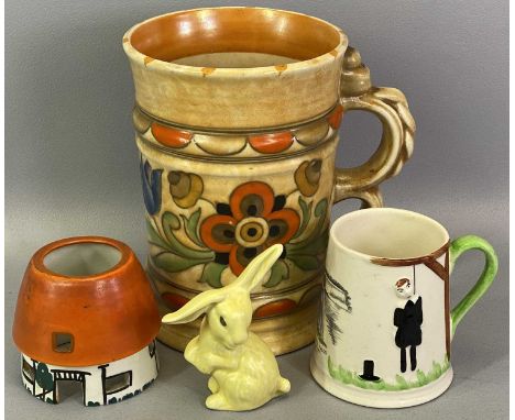 LARGE CROWN DUCAL ART DECO STYLE JUG by Charlotte Rhead, 19cms H, yellow Sylvac rabbit Model No 1302, 10cms H, Carltonware ha