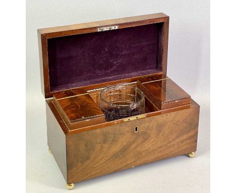 MAHOGANY DOUBLE TEA CADDY - late 19th century, of rectangular form, on gilded ball feet, the hinged cover with recessed brass