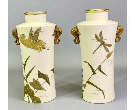 ROYAL WORCESTER IVORY VASES, A PAIR - early 20th century, of cylindrical waisted form, gilded decoration of birds, flowers, d
