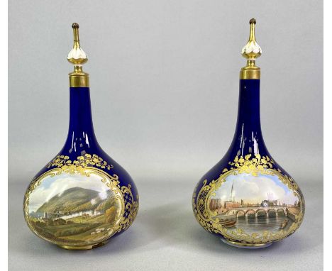 CHAMBERLAINS WORCESTER VASES, A PAIR - each of bottle shape with slender necks and stoppers, gilt framed cartouche decorated 