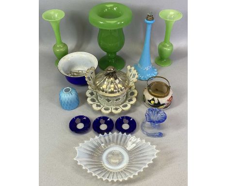VICTORIAN &amp; LATER COLOURFUL GLASSWARE GROUP - to include an overlay glass sugar basin on stand with white metal cover, 10