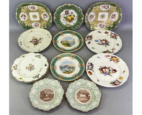 18TH &amp; 19TH CENTURY CABINET PLATES - 12 items to include two hand painted floral panel square plates, green ground with a