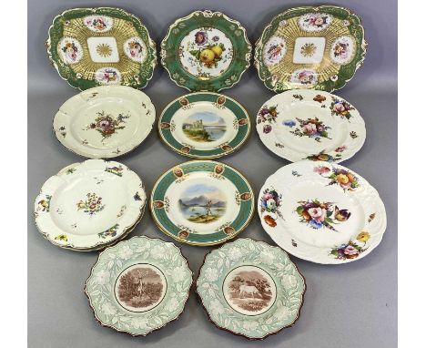 18TH &amp; 19TH CENTURY CABINET PLATES - 12 items to include two hand painted floral panel square plates, green ground with a