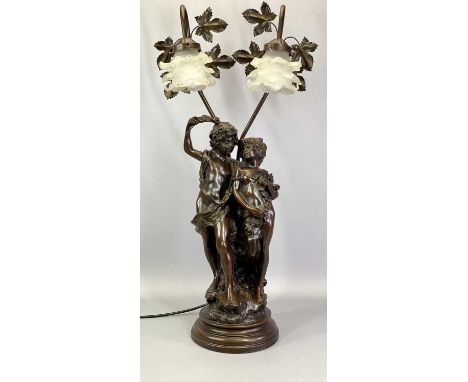 DECORATIVE ART NOUVEAU STYLE COMPOSITE TABLE LAMP - modelled as a young boy and girl with scrolled twin branch lights backed 