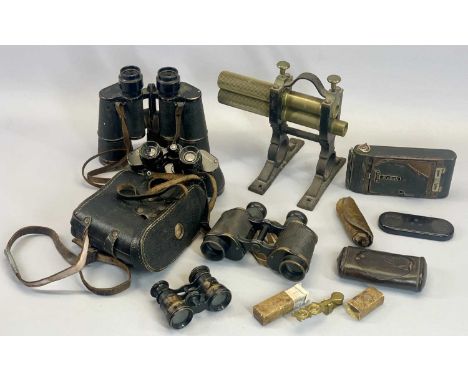 19TH CENTURY TABLETOP CRIMPING ROLLER – on painted cast iron stand (lacking handle), three pairs of vintage binoculars, toole