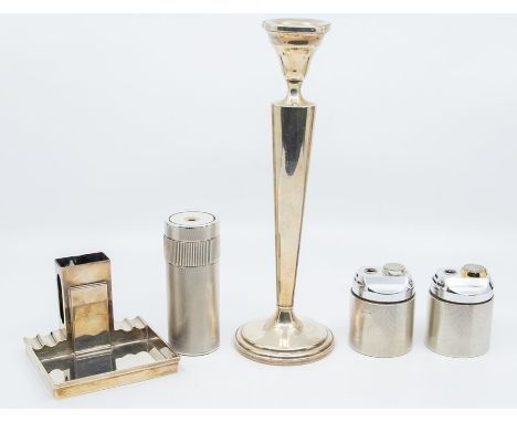 A collection of silver to include: an Art Deco silver combination match box holder and ashtray, by Walker & Hall, Sheffield, 