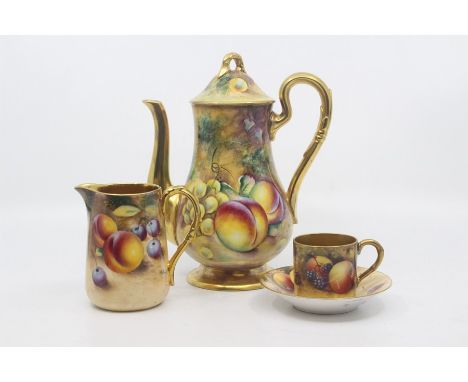 A matched Royal Worcester fruit painted coffee set, 1920s to post-war, painted with peaches, apples, pears and berries agains