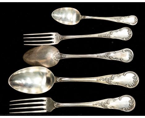 A mid 19th century French silver 950 standard hour glass, scroll and reed pattern part flatware service, the reverse handle e