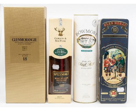 Collection of four bottles of single malt Scotch whisky: Bowmore Legend, 40% abv, in tin; Glen Moray, aged 16 years, 40% abv,