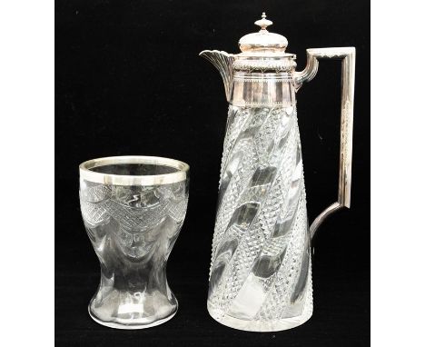 A Victorian silver mounted twist design hobnail and plain cut glass claret jug, with silver handle, collar and cover, the cov