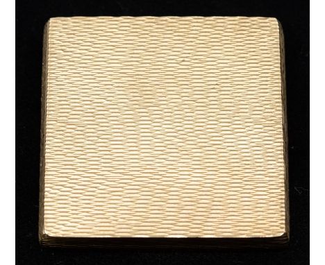 A 9ct gold mirror compact, square form with textured decoration, with powder puff, size approx. 50mm x 55mm x 10mm, London 19