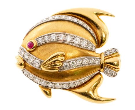 Tiffany & Co-  a diamond 18ct yellow and white gold fish brooch, the body with raised decoration set with round brilliant cut