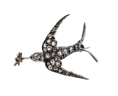 A late Victorian diamond set swallow brooch, comprising bird in flight chasing an insect, the body set with rose cut diamonds