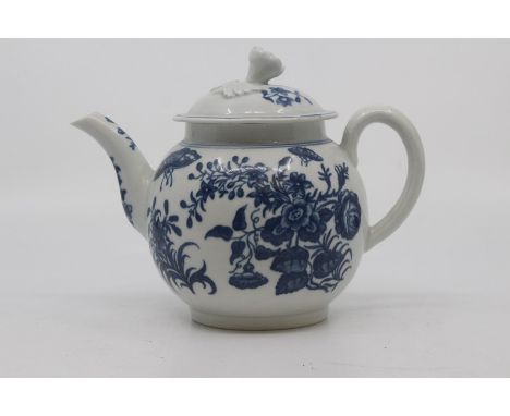 A Worcester teapot and cover, circa 1770-80, of globe shape with ribbed loop handle, the domed cover with flower knop, printe