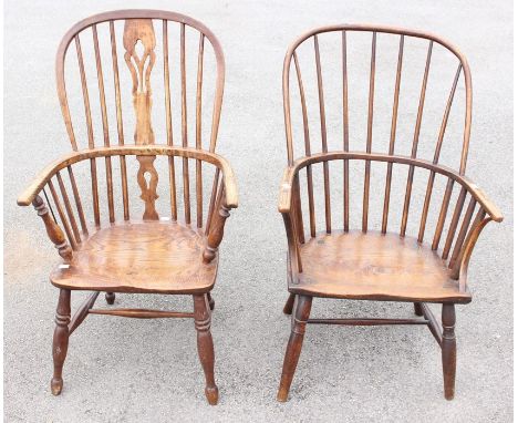 A George III ash and elm stick back Windsor chair of Regional design, curved arm support and H stretcher together with an ear