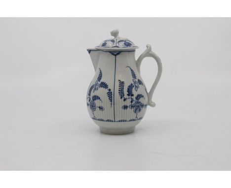 A Worcester sparrow beak jug and cover, circa 1770-90, of finely reeded form with scroll handle, the cover with a flower fini