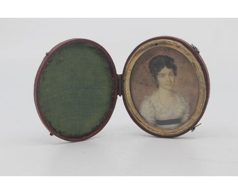 English school, (19th Century)A portrait miniature on ivory of a young lady wearing a white dress with black belt, in origina