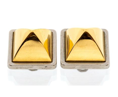 Hermes - a pair of vintage Hermes two tone pyramid earrings, comprising square forms with extruded gold tone pyramids within 