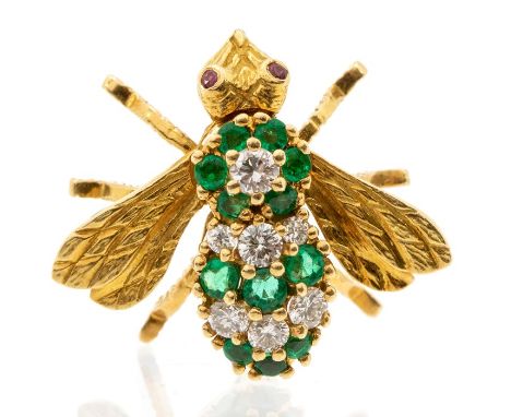 Tiffany & Co-  a diamond and emerald 18ct yellow and white gold bee brooch, the body set with alternate round brilliant cut d