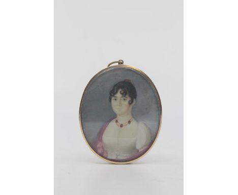 English school, early 19th Century A portrait miniature on ivory depicting a young lady wearing a white dress with pink shawl