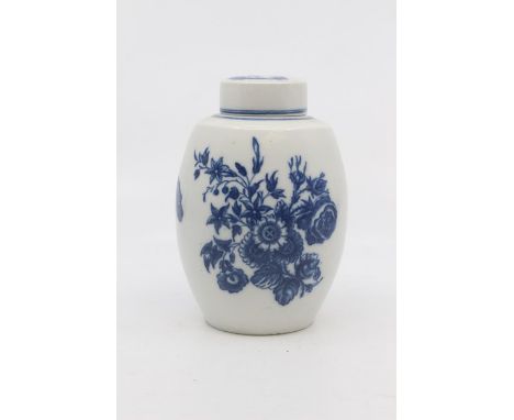 A Caughley tea canister and cover, circa 1770-90, of ovoid form with plain cover, printed in blue with the 'Three Flowers' pa