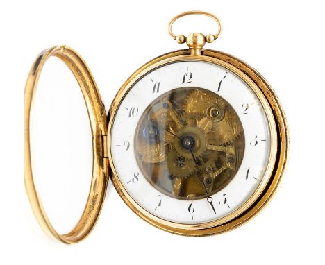 A Georgian 18ct gold and tortoiseshell Continental pair case pocket watch, the white enamel exhibition dial with black Arabic