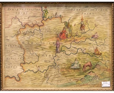 Blaeu, Joan. 17th-century map of Worcestershire & Warwickshire, hand-coloured copper engraving on laid/chain-lined paper, fea