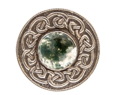 Robert Allison- a Scottish silver and moss agate kilt/plaid brooches, circular form with a cabochon moss agate set to the cen