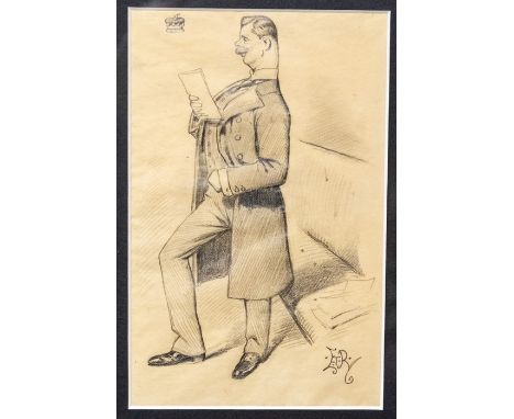Edwardian School (early 20th Century British School)Caricature portrait of a Lord, standing side profile with bench behind in