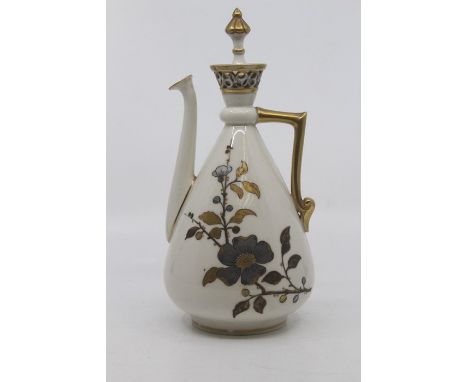 A Royal Worcester 'Old Ivory' Aesthetic Movement ewer and cover, dated 1884, of pear form with reticulated flared rim above a