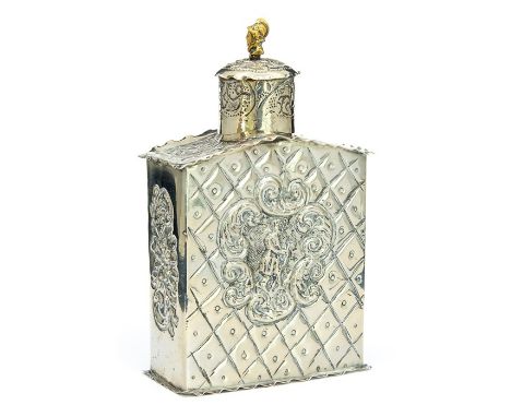 A German Hanau silver tea caddy, the body with chased geometric pattern with central cartouches depicting figures, detachable