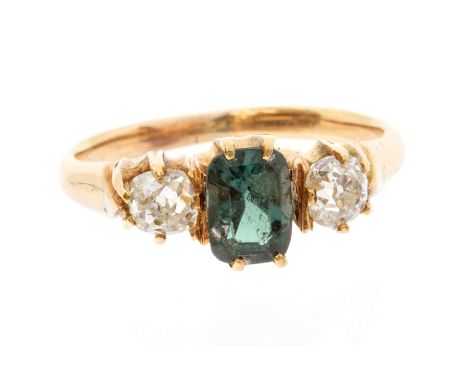 An antique Russian colour change alexandrite and diamond 15ct gold ring, the rectangular step cut alexandrite weighing approx
