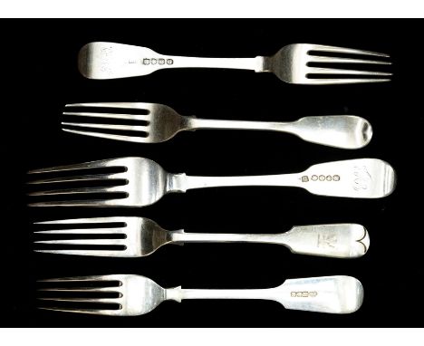 A collection of 19th &amp; 20th Century silver fiddle pattern dessert forks, handles either engraved with a crest or initials