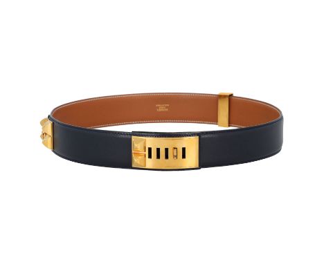 HERMÈS VINTAGE Gürtel "COLLIER DE CHIEN", Koll.: 1991, L.: 77 - 80 cm. Dunkelblaues Glatteleder mit vergoldeter Hardware. Tra