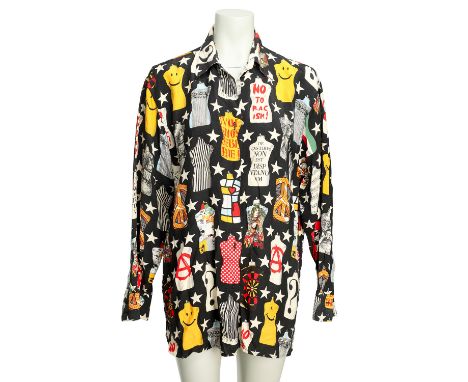 MOSCHINO JEANS VINTAGE Bluse, Gr. M. RARITÄT. SAMMLERSTÜCK. Schwarzes Modell mit Schneiderpuppen-Design, Knopfverschluss und 