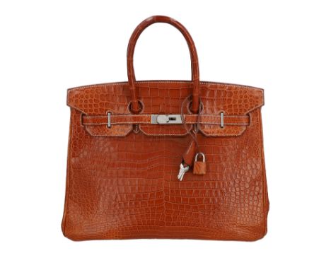 HERMÈS Handtasche "BIRKIN BAG 35 CROC POROSUS MATT". Koll. 2007. Croc Porosus Leder in Fauve-Matt (Braun), Hardware mit Palla