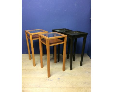 2 Pairs of tall tables, 1 pair of tray topped with japanned wood 81.5 cm, 1 pair glass topped with display shelf 80 cm 