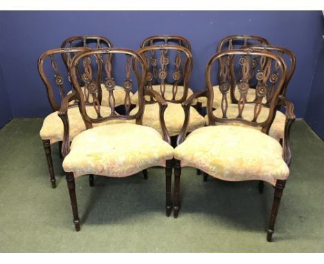 Set of 8 (6 &amp; 2) mahogany dining chairs with curving &amp; decorative stick backs and overstuffed serpentine seats 