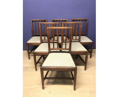 Set of 6 early C19th mahogany stick back dining chairs with blue &amp; cream upholstered drop in seats 