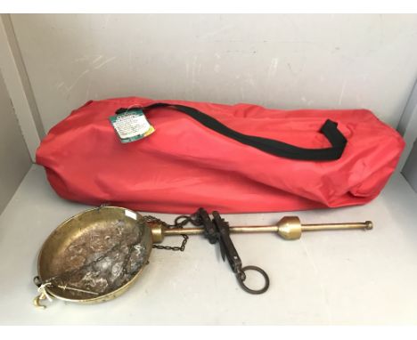 Set of early C20th brass hanging scales (KfKutan 10 kg) not tested &amp; a Red quest elite commander chair 