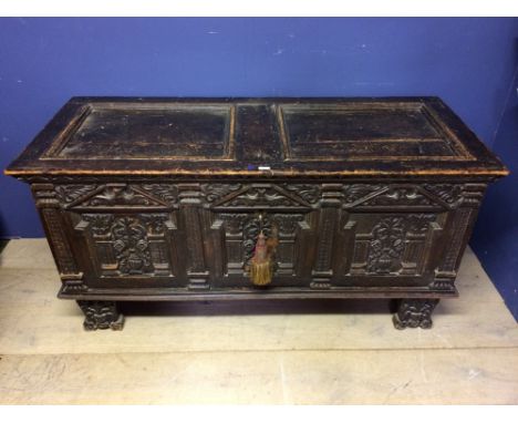 Heavy pine panelled chest with applied decoration to the front, possibly Spanish C18/19th, with interior fitted shelf &amp; b