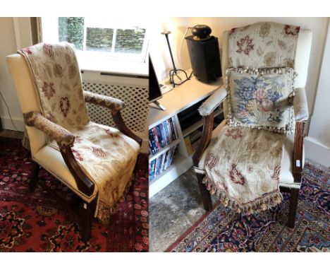 Mahogany framed Gainsborough style arm chair upholstered in a cream fabric &amp; arms upholstered it tapestry fabric &amp; an