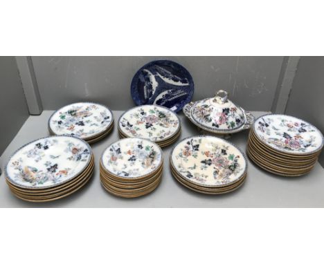 Qty of ironstone plates in the Japanese palette, 'Indian Tree Pattern' &amp; a large blue &amp; white plate 