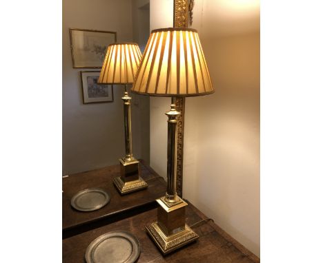 Brass column lamp on stepped base with small silk pleated shade 68 cm 