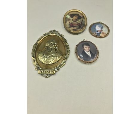 2 hand painted miniatures 1 Regency gentleman in unmarked yellow metal mount signed Carlos Durand 1819, military gentleman si