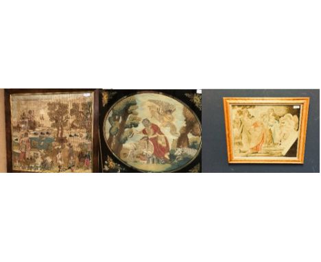 3 Interesting stumpwork/needlework/tapestry of naive &amp; religious scenes, framed &amp; glazed, 1 in a birds eye maple fram